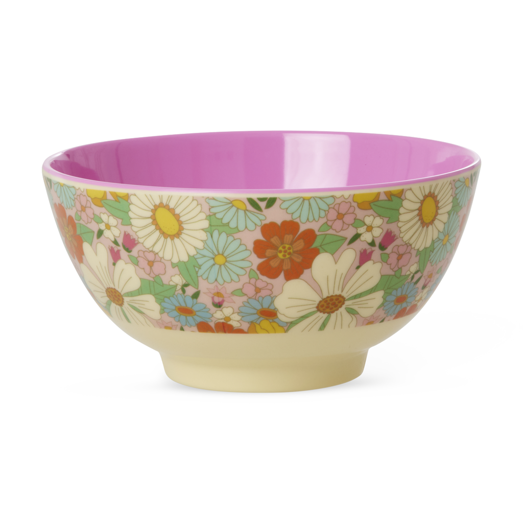 Medium Rice By Rice melamine bowl with Flower Power print, 23.7oz capacity, vibrant floral design for tableware.