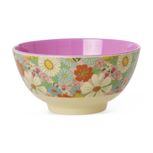Medium Rice By Rice melamine bowl with Flower Power print, 23.7oz capacity, vibrant floral design for tableware.