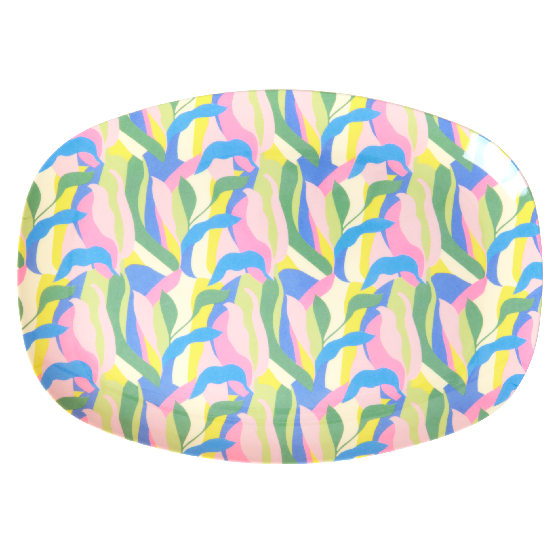 Medium blue melamine rectangular plate from Rice By Rice with Jungle Fever print, perfect for stylish tableware.