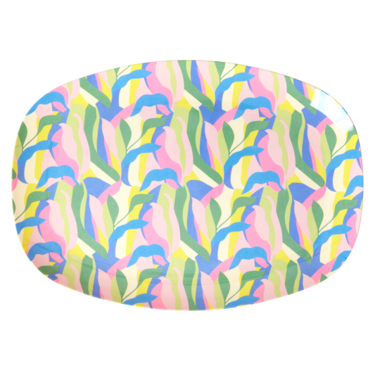 Medium blue melamine rectangular plate from Rice By Rice with Jungle Fever print, perfect for stylish tableware.