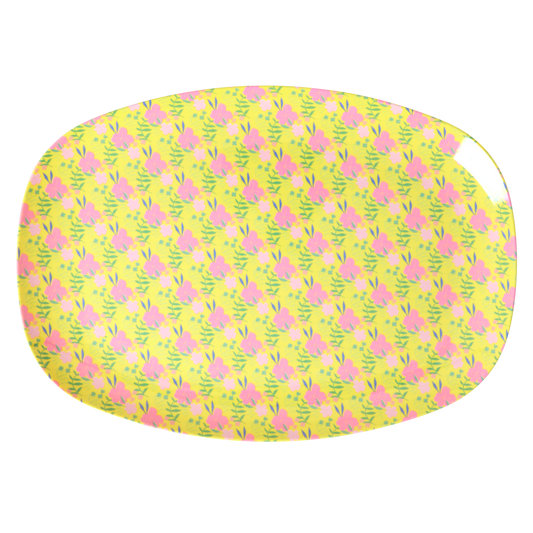Medium yellow melamine rectangular plate with Sunny Days print from Rice By Rice tableware collection.