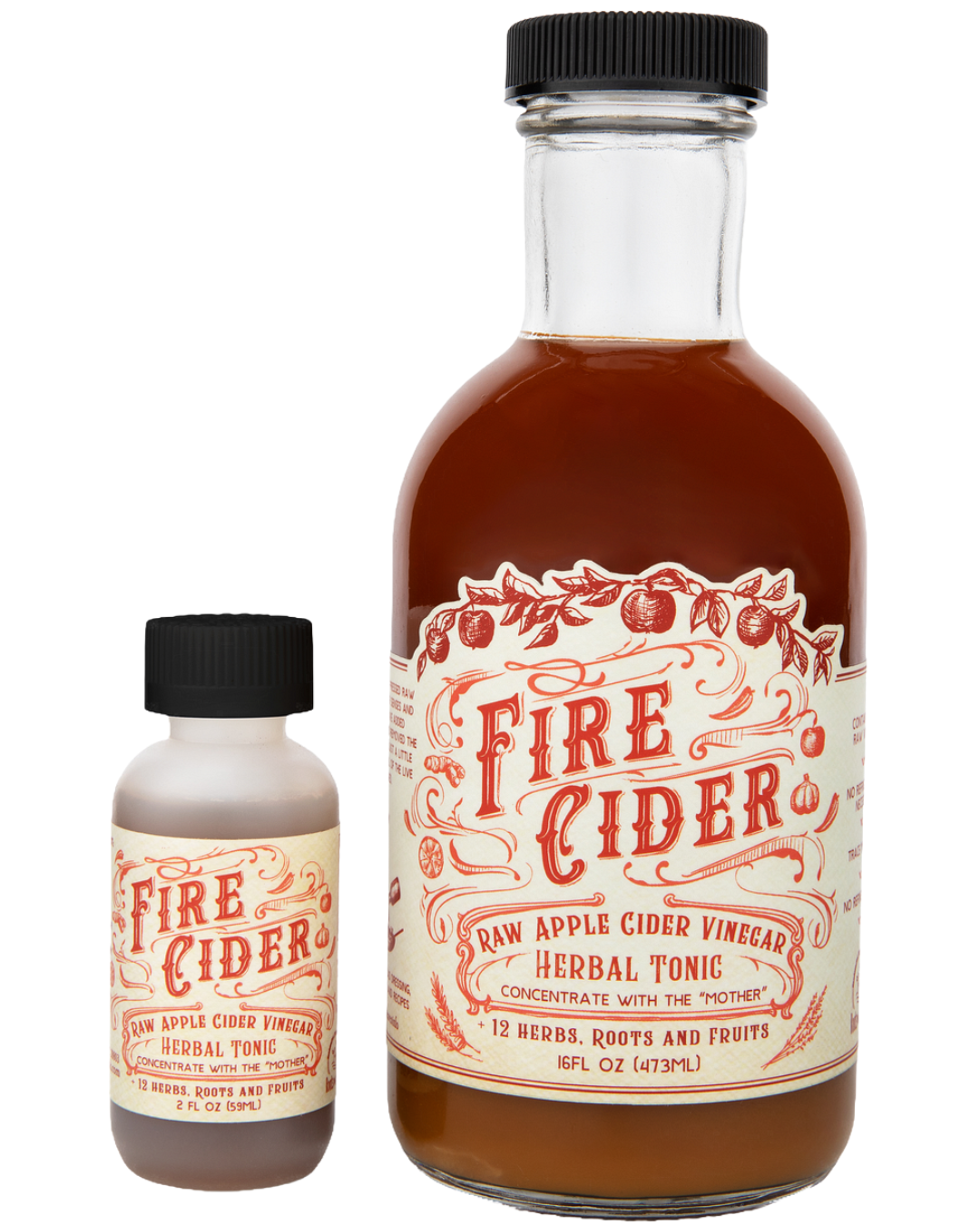 16 oz bottle of Fire Cider by Roots and Leaves LLC, showing the herbal infusion with a rustic label and amber liquid inside.