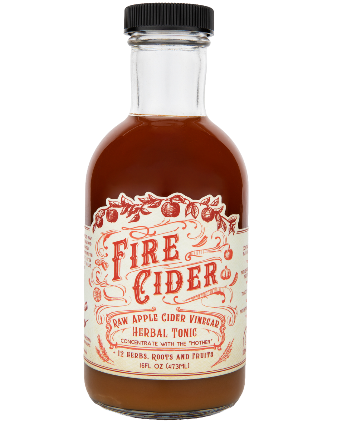 16 oz bottle of Fire Cider by Roots and Leaves LLC, featuring a dark glass bottle with a colorful label.