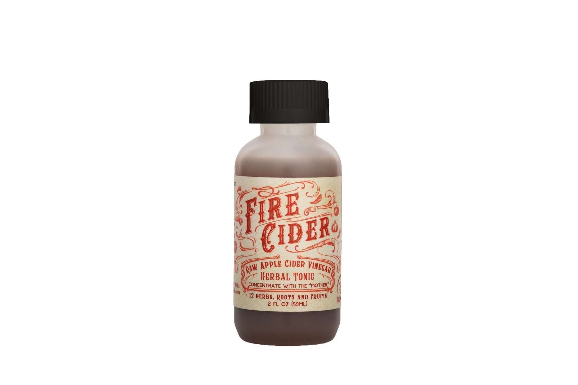 16 oz bottle of Fire Cider by Roots and Leaves LLC with fresh herbs and spices visible in the clear glass bottle.
