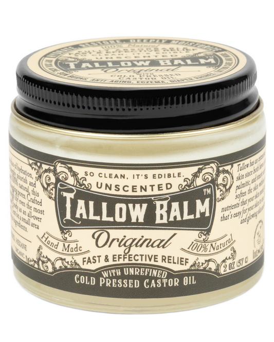 Beef tallow balm from Roots and Leaves LLC, unscented with organic castor oil, in a jar with a natural, creamy appearance.