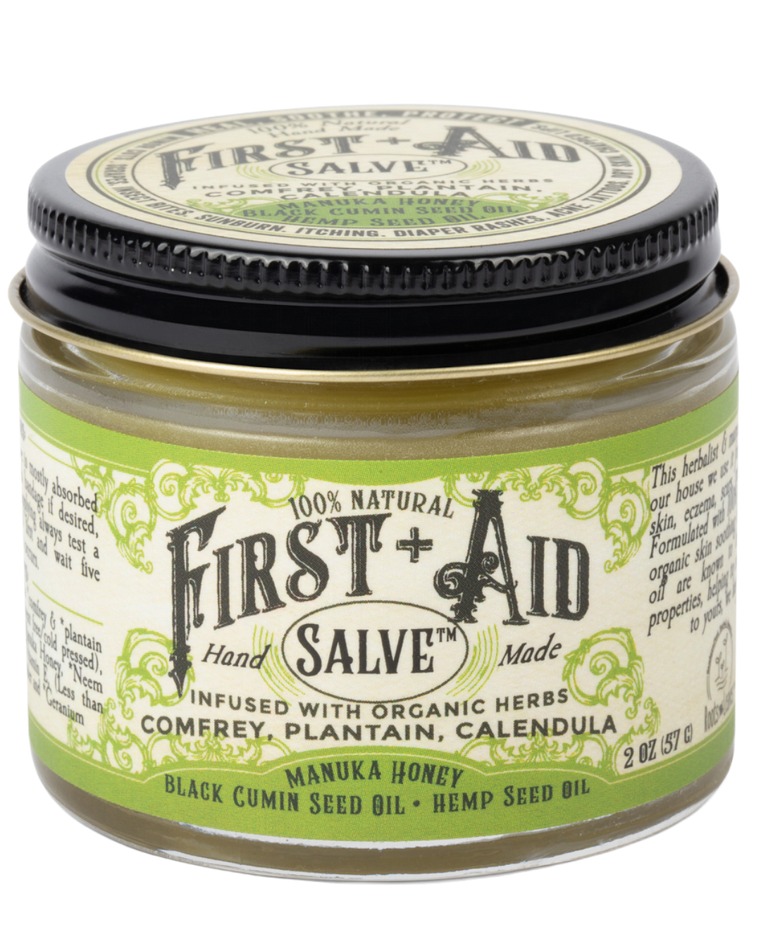 Roots and Leaves LLC First Aid Salve in a natural body care jar, ideal for soothing skin irritations and minor wounds.
