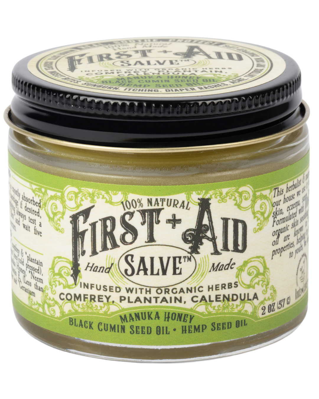 Roots and Leaves LLC First Aid Salve for body care, natural remedy with herbal ingredients in a convenient jar.