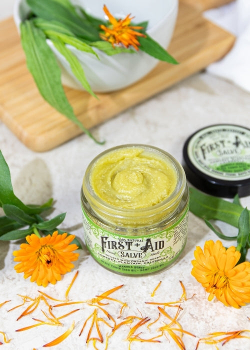 Natural First Aid Salve from Roots and Leaves LLC, featuring herbal ingredients in a small jar for skin relief.