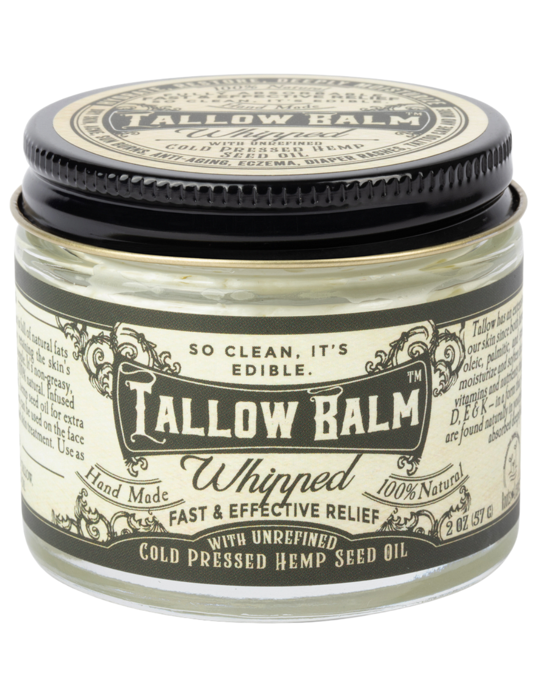 Whipped Tallow Balm with Hemp Seed Oil in 2 oz jar, natural body cream by Roots and Leaves LLC, smooth and nourishing lotion