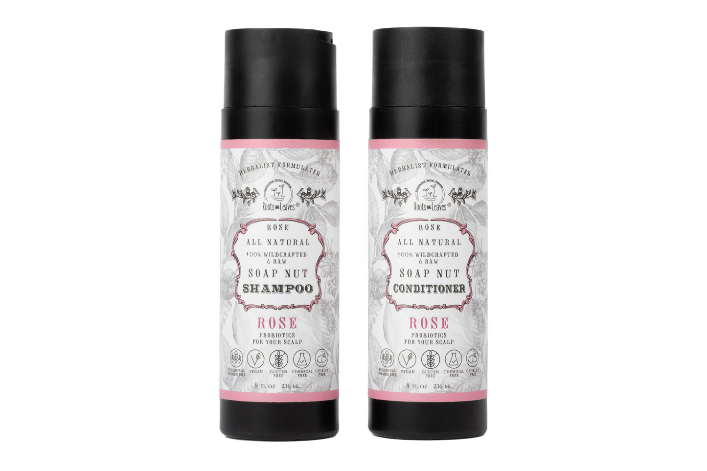 All-natural Soapnut shampoo and conditioner set with rose scent from Roots and Leaves LLC, featuring wild fermented probiotics for scalp health.