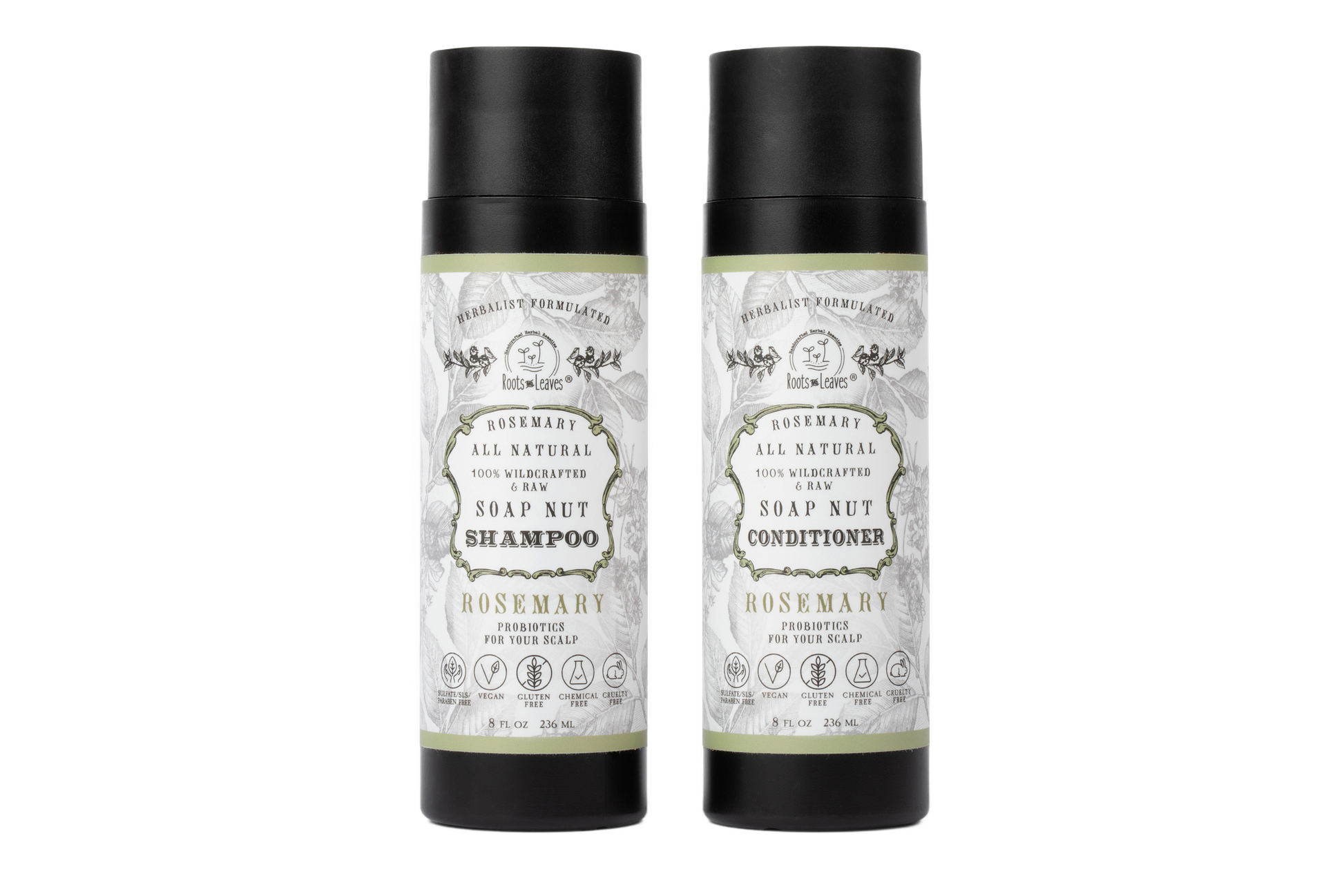 Roots and Leaves LLC natural Soapnut shampoo and conditioner set with rosemary and wild fermented probiotics for scalp health.