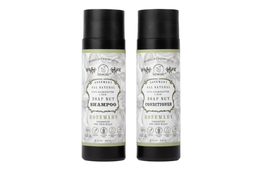 Roots and Leaves LLC natural Soapnut shampoo and conditioner set with rosemary and wild fermented probiotics for scalp health.
