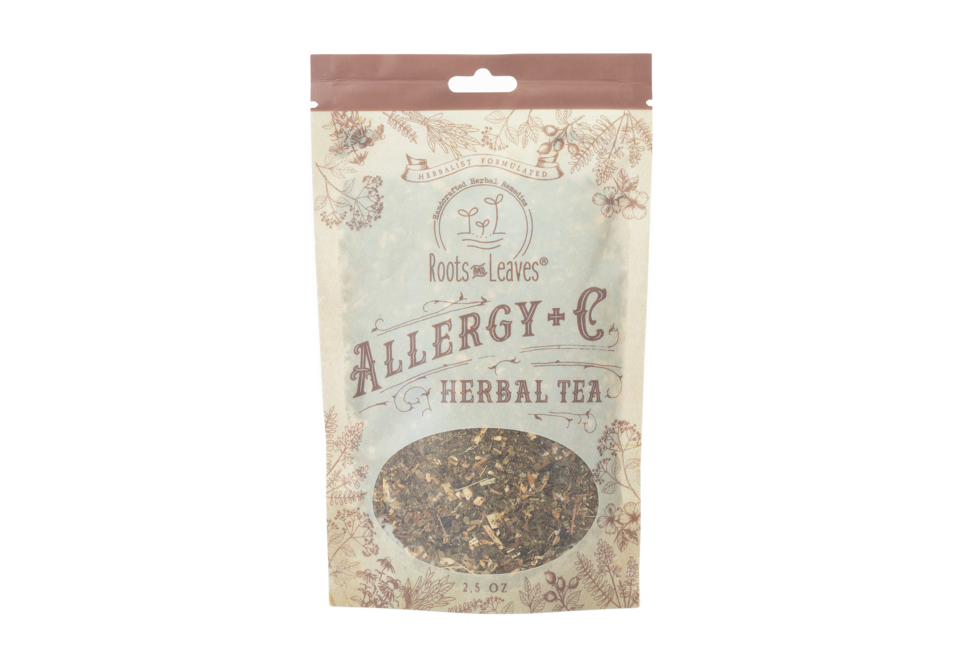 Herbal tea box labeled Allergy +C by Roots and Leaves LLC, featuring a colorful design and fresh herbal ingredients.