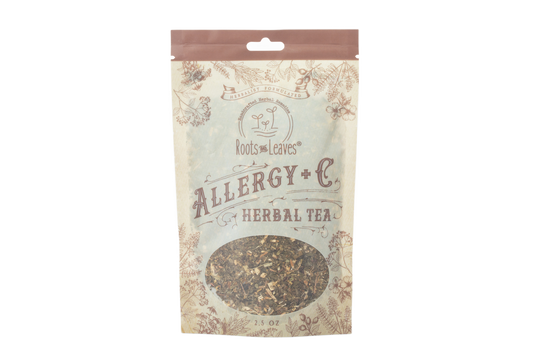 Herbal tea box labeled Allergy +C by Roots and Leaves LLC, featuring a colorful design and fresh herbal ingredients.