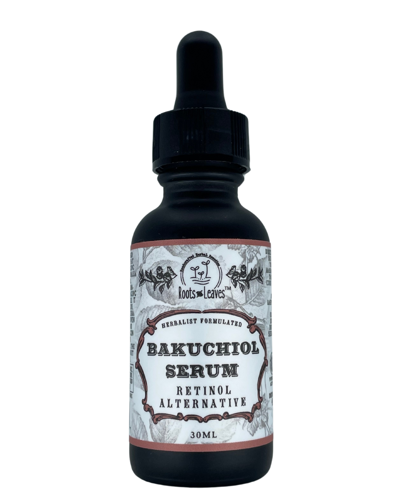 Roots and Leaves LLC Bakuchiol Serum in a glass dropper bottle, all-natural retinol alternative for skincare.
