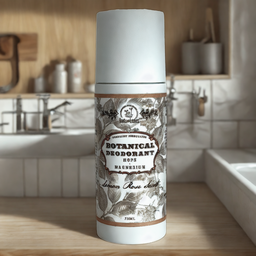 Botanical Magnesium Deodorant by Roots and Leaves LLC in a natural stick container with botanical label design