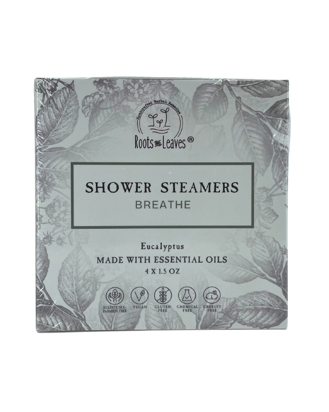 Eucalyptus shower steamer and bath bomb by Roots and Leaves LLC with fresh, natural eucalyptus scent and vibrant green packaging