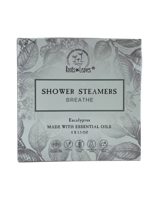 Eucalyptus shower steamer and bath bomb by Roots and Leaves LLC with fresh, natural eucalyptus scent and vibrant green packaging