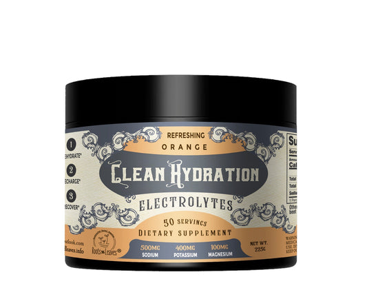 Clear bottle of Roots and Leaves LLC Clean Hydration Orange electrolyte drink with fresh orange slices inside.