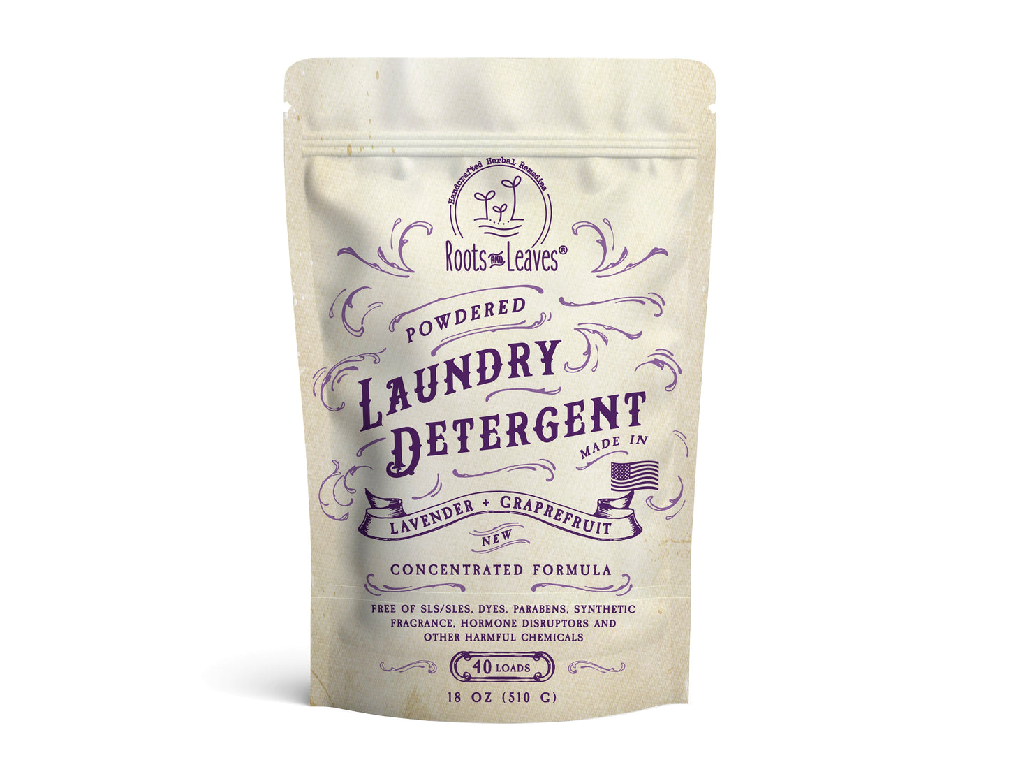 Powdered laundry detergent from Roots and Leaves LLC in a white, resealable bag with a clean, minimalist design.