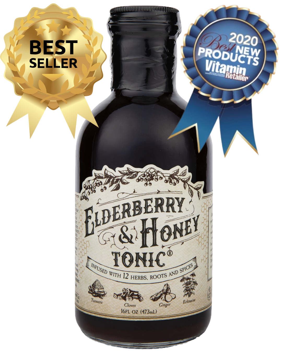 Elderberry and honey tonic bottle from Roots and Leaves LLC with a dark liquid inside and a label featuring berries and honeycomb.