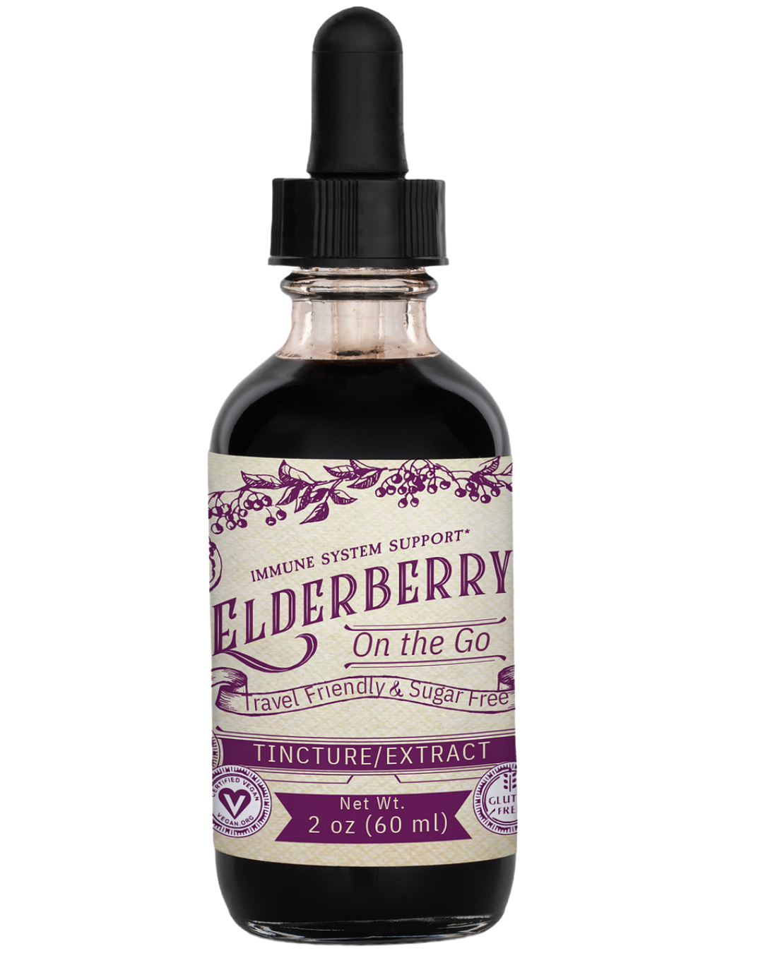 Elderberry glycerin extract tincture in a glass dropper bottle, produced by Roots and Leaves LLC, with a dark amber liquid inside.