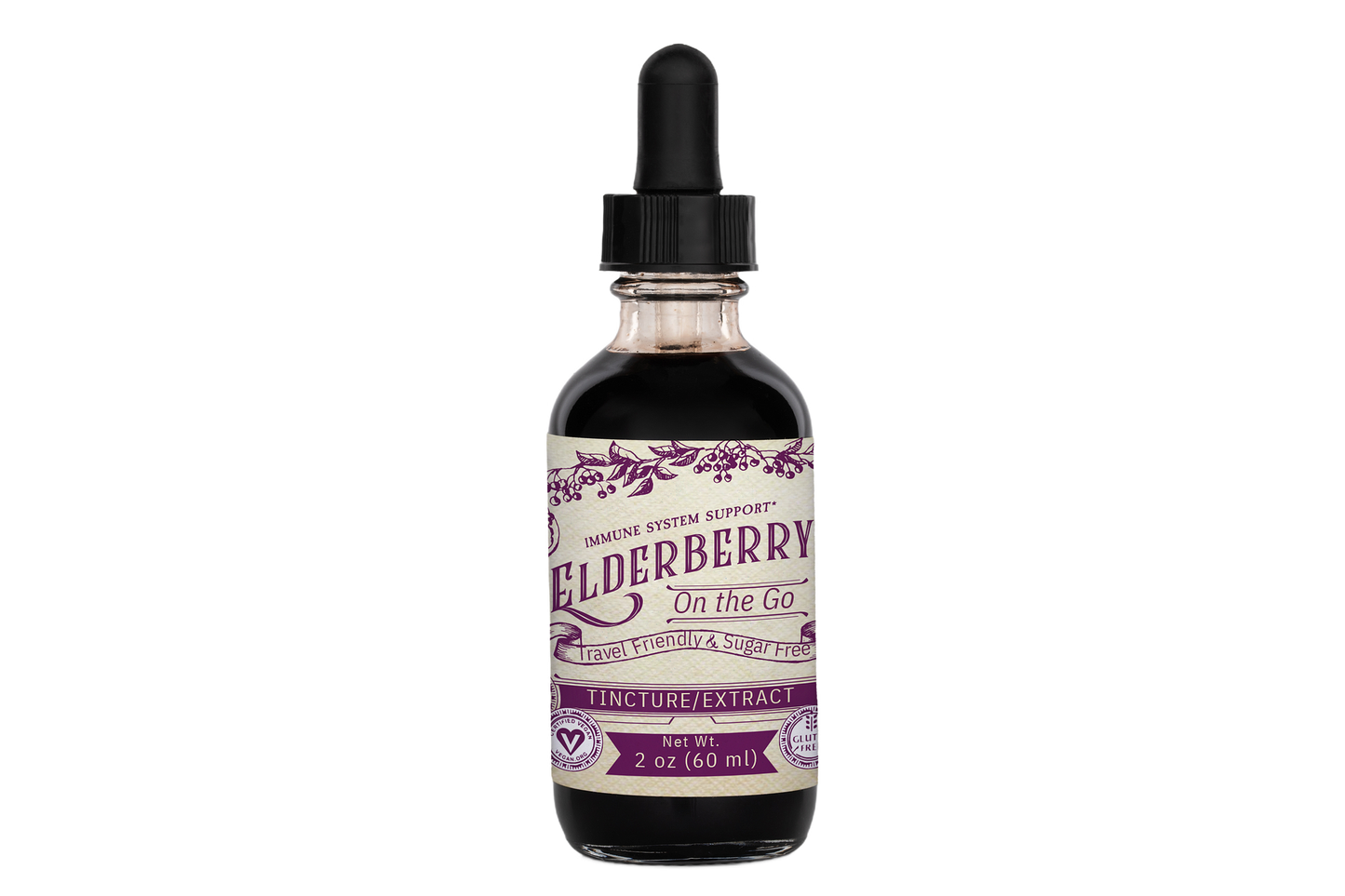 Elderberry glycerin extract tincture in a glass dropper bottle, natural herbal supplement by Roots and Leaves LLC