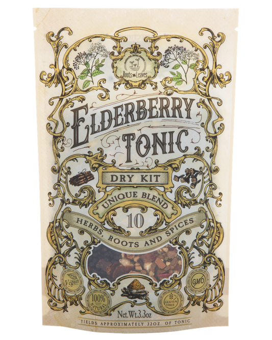 Elderberry Tonic DIY Dry Kit by Roots and Leaves LLC with dried elderberries, herbs, and instructions for making herbal tonic.