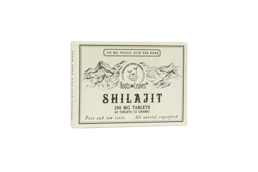 Pure Shilajit Tablets from Roots and Leaves LLC, 60-count bottle, showing brown tablets with natural herbal packaging.