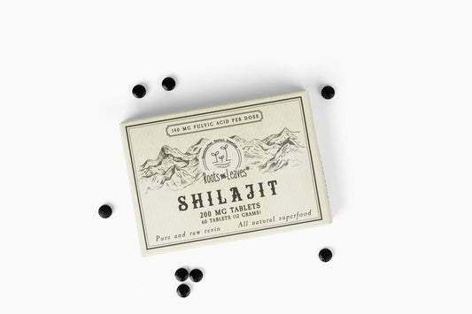 Pure Shilajit Tablets by Roots and Leaves LLC, 60 count, showing a bottle of dietary supplement tablets for natural energy.