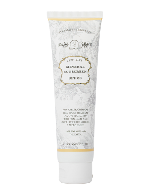 Vegan mineral face and body sunscreen with Tremella mushroom by Roots and Leaves LLC, reef-safe and reef-friendly sun protection.