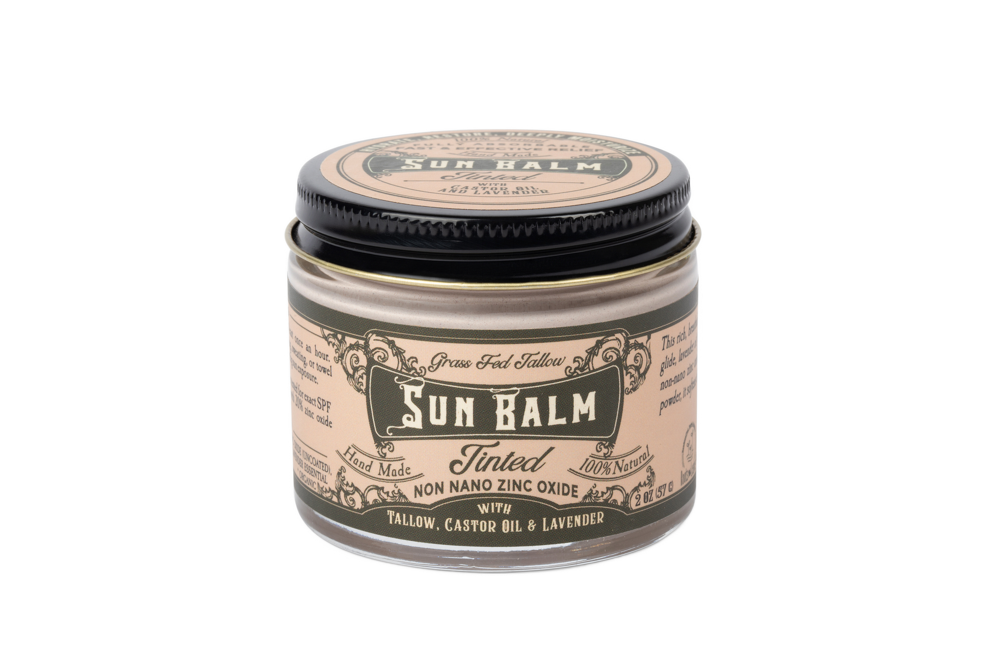 Tinted lavender sun balm by Roots and Leaves LLC with tallow, shown in a small jar with lavender flowers for natural skincare.