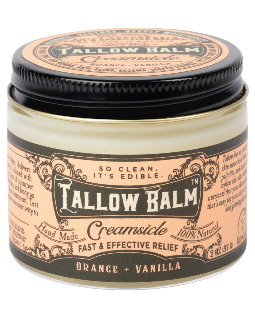 Creamy tallow balm with a creamsicle scent from Roots and Leaves LLC, showing the smooth, natural balm in a jar.