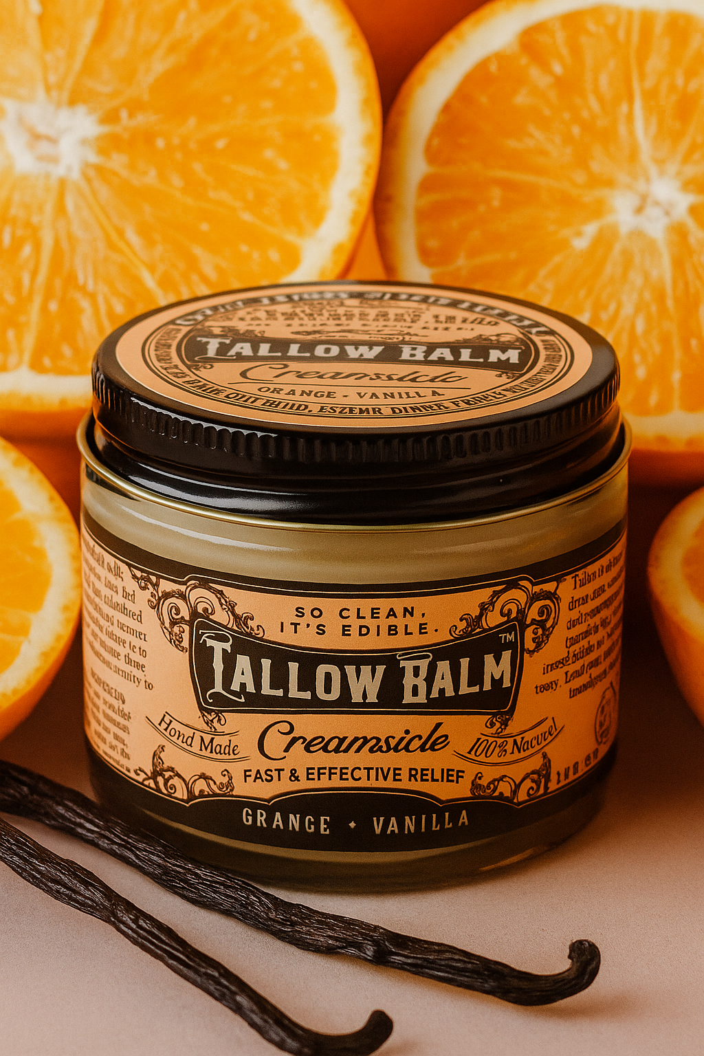 Tallow balm from Roots and Leaves LLC with a creamy creamsicle scent, shown in a jar with a smooth, creamy texture.