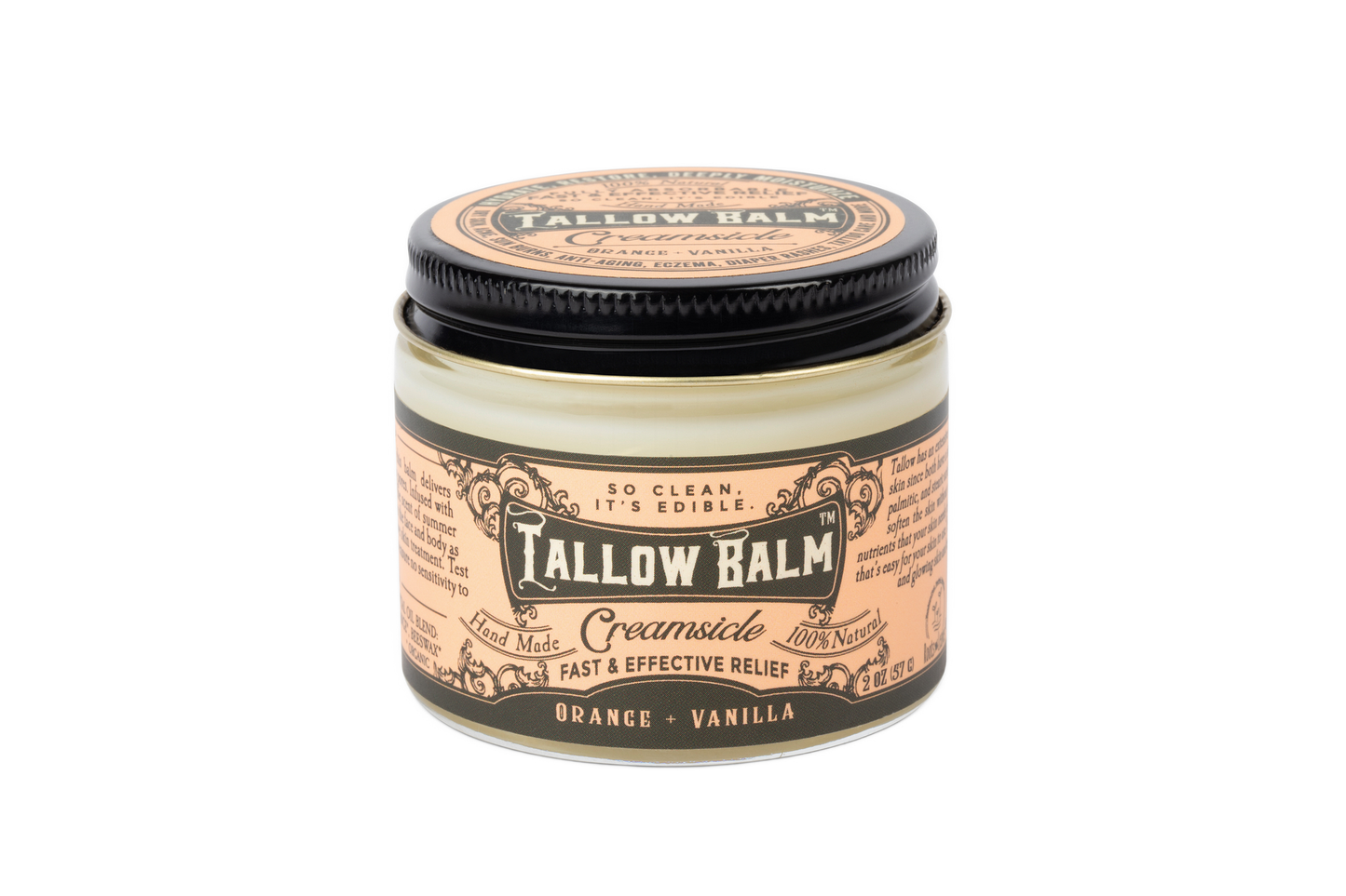 Tallow balm by Roots and Leaves LLC with creamy creamsicle scent, showing the jar with a smooth, rich balm inside.