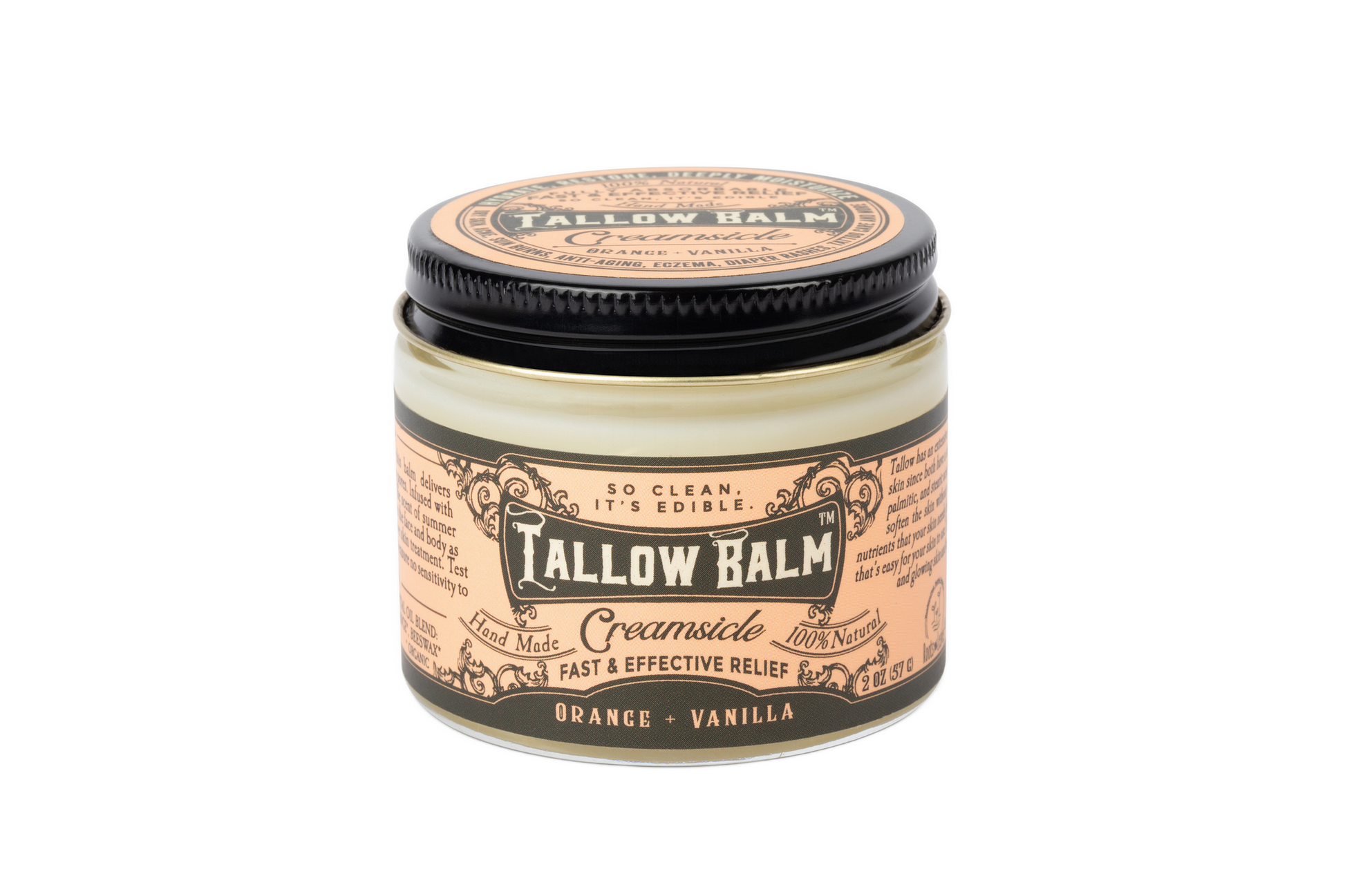Tallow balm by Roots and Leaves LLC with creamy creamsicle scent, showing the jar with a smooth, rich balm inside.
