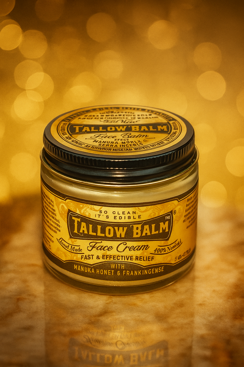 Tallow face cream with Manuka honey and castor oil from Roots and Leaves LLC, showing the creamy jar with natural ingredients.