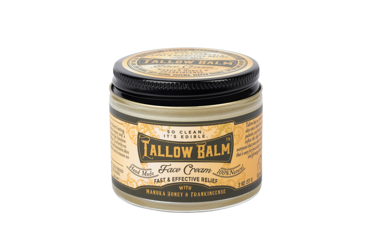 Tallow face cream with Manuka honey and castor oil from Roots and Leaves LLC, showing the creamy texture of the skincare product.