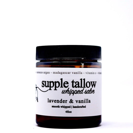 Roots Apothecary lavender vanilla supple tallow salve in a 2oz jar, showcasing the natural ingredients and creamy texture.