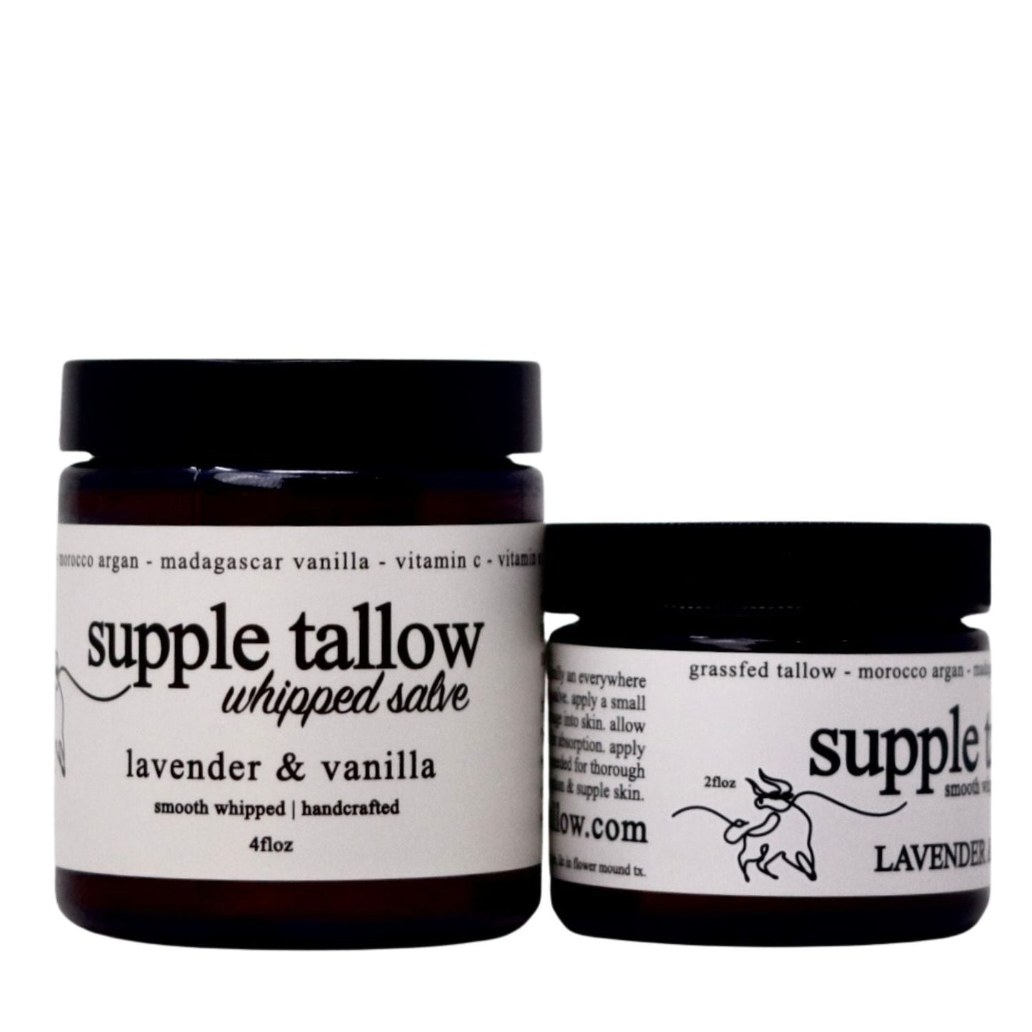 Lavender vanilla Supple Tallow Salve by Roots Apothecary in a 2oz jar, showcasing a natural skincare product with a soothing appearance.