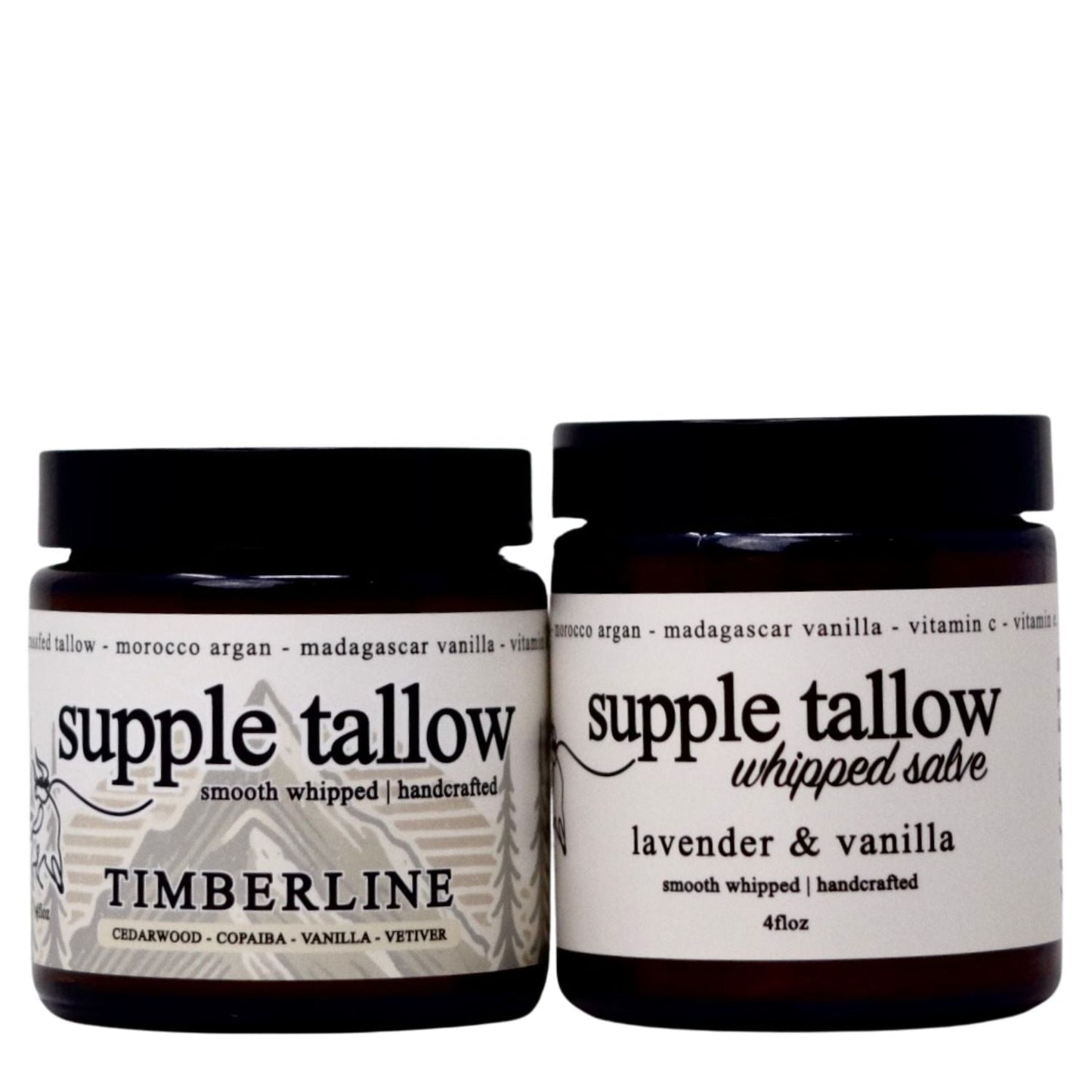 Lavender vanilla Supple Tallow Salve by Roots Apothecary in a 2oz jar, showing a natural, creamy balm with lavender and vanilla scent.
