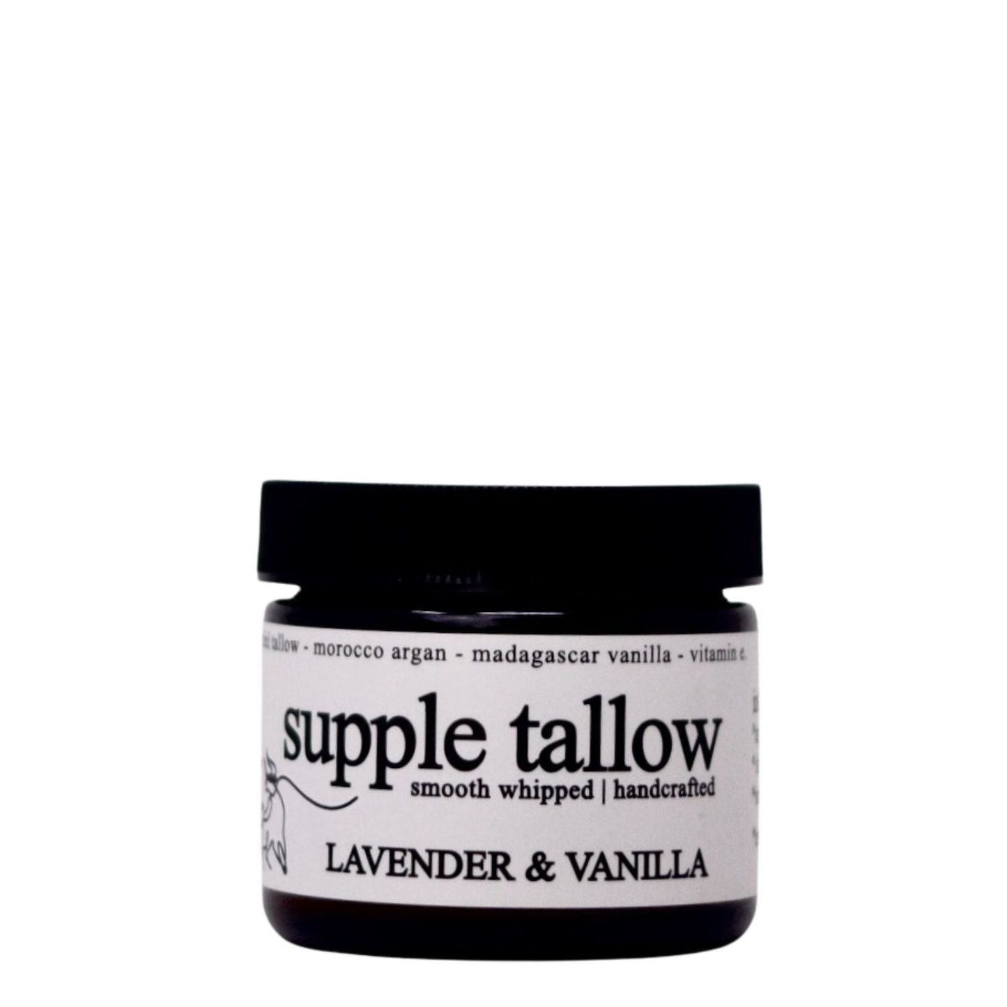 Lavender vanilla supple tallow salve by Roots Apothecary in a 2oz jar, showing the soothing balm with lavender and vanilla scent.