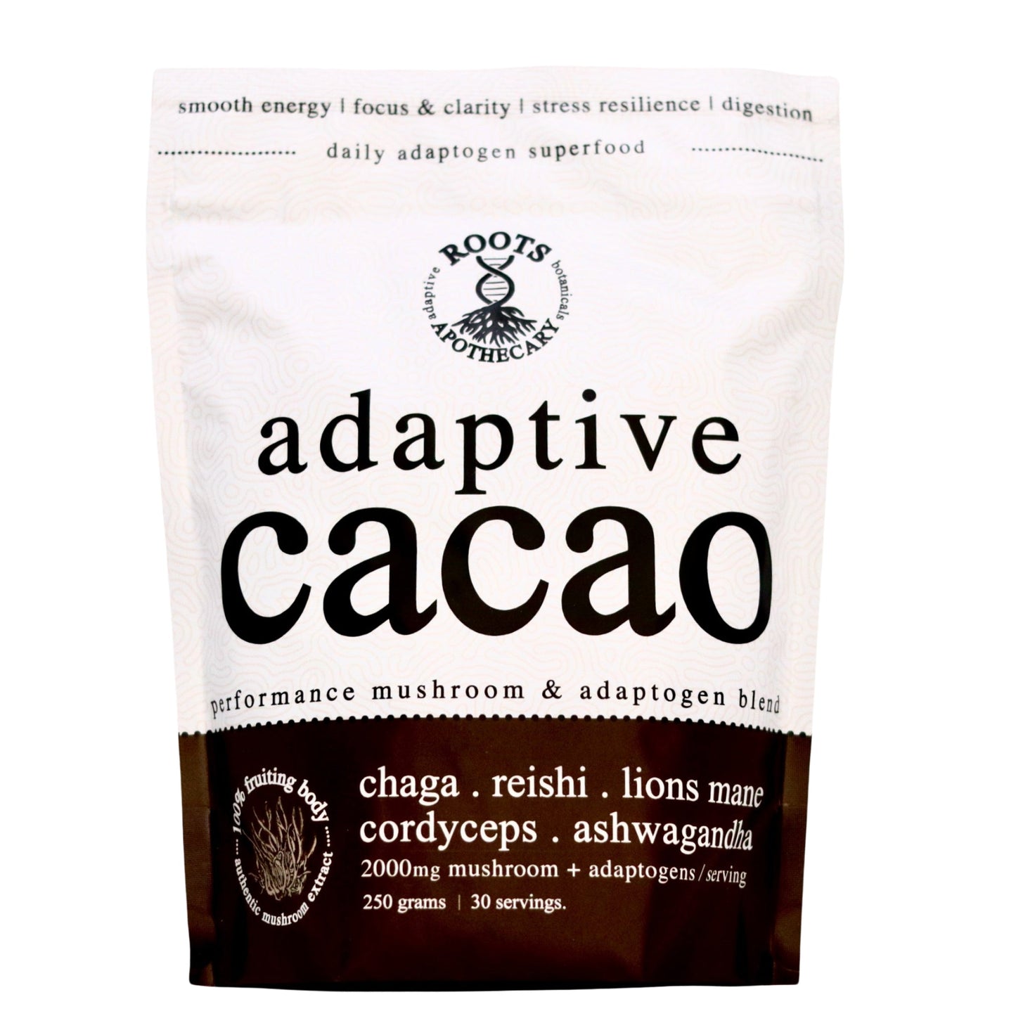 Roots Apothecary adaptive cacao superfood in a jar, featuring 30 servings of performance-enhancing cacao powder.
