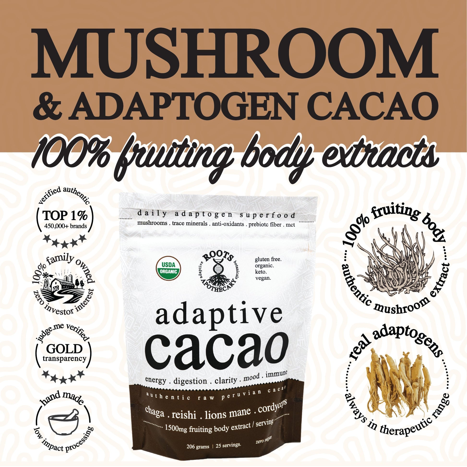 Roots Apothecary Adaptive Cacao superfood in a jar, featuring 30 servings of performance-enhancing cacao powder.