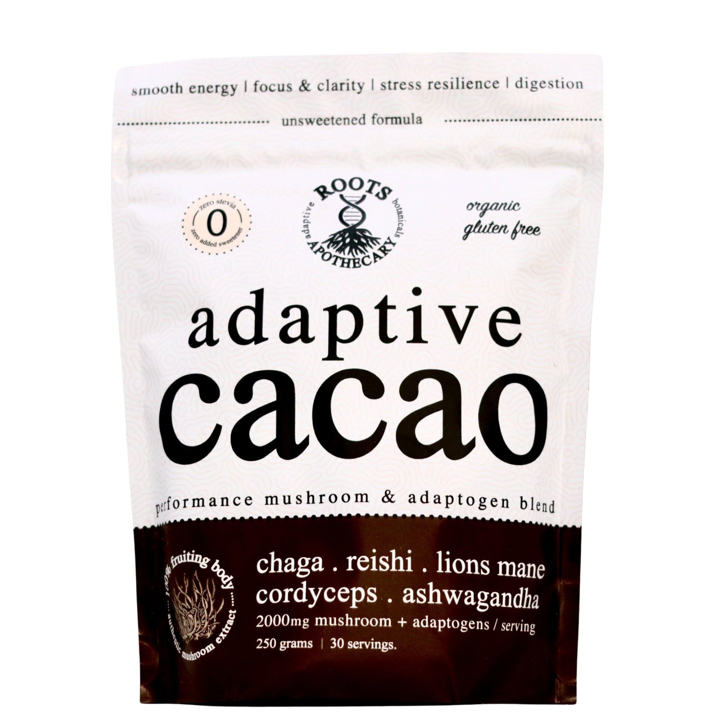 Roots Apothecary Adaptive Cacao superfood in a jar, featuring 30 servings of performance-enhancing cacao powder.