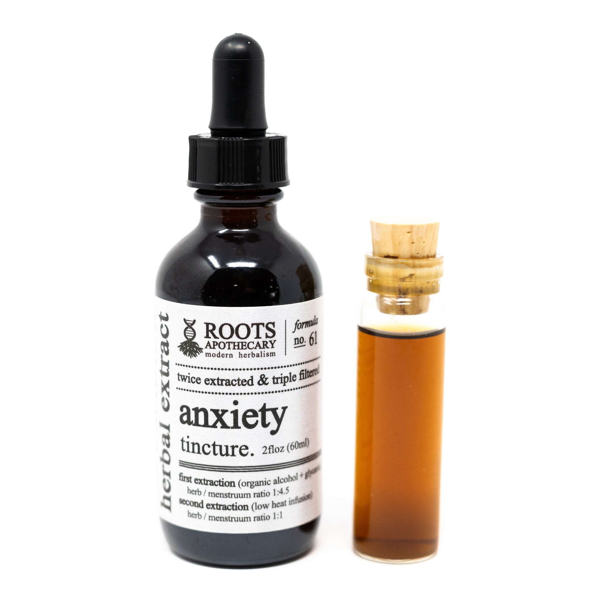Roots Apothecary anxiety tincture bottle with dropper, natural herbal tincture for stress relief and calming effects.