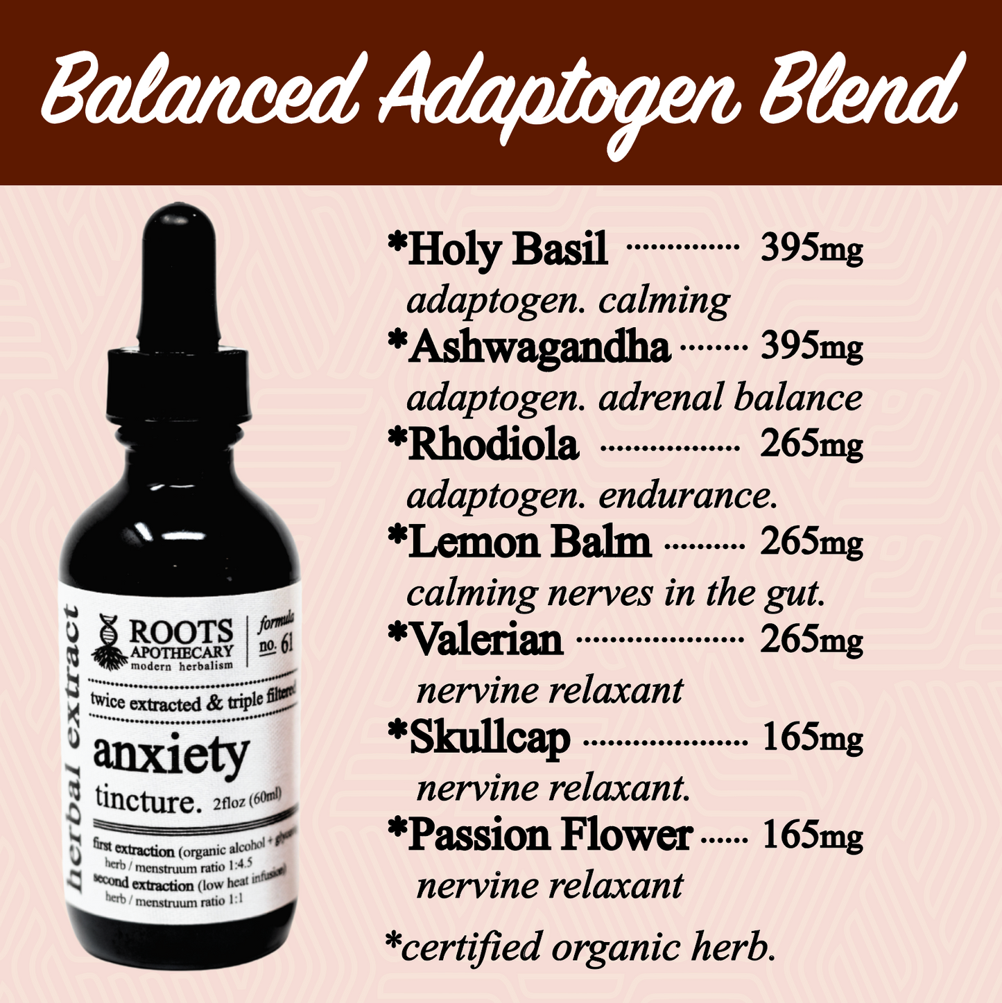 Root Apothecary anxiety tincture bottle showing label with natural herbal ingredients, small dark glass dropper bottle, product image.