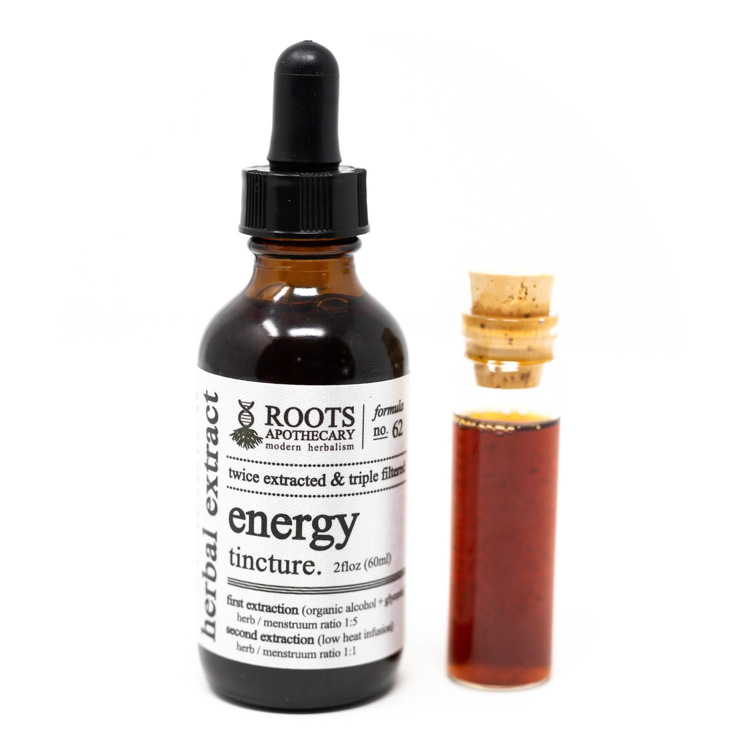 Roots Apothecary energy tincture in a dropper bottle, showcasing herbal ingredients and natural formulation for energy support.