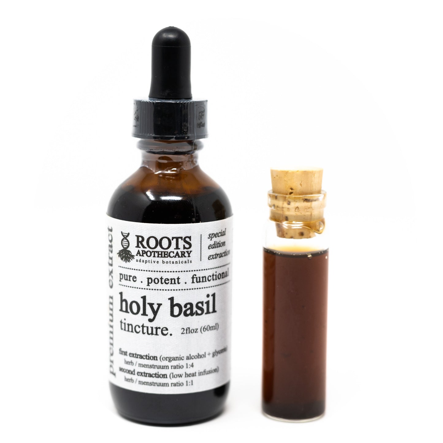 Roots Apothecary Holy Basil tincture bottle, herbal tincture for wellness, with label and dropper cap visible.
