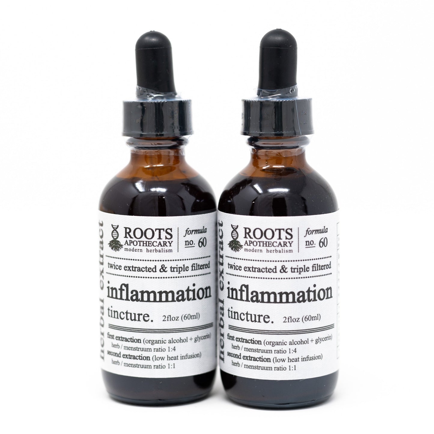Roots Apothecary inflammation tincture bottle, herbal tincture for reducing inflammation, with dropper cap visible.